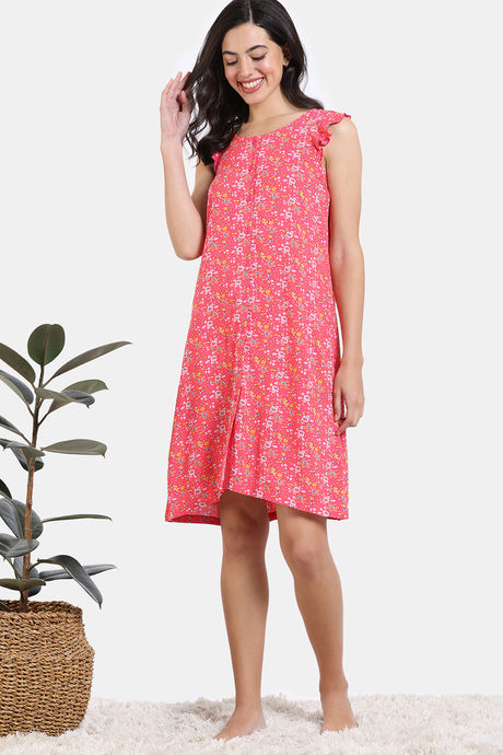 Zivame Floral Pop Woven Knee Length Nightdress - Coral Paradise — image 2
